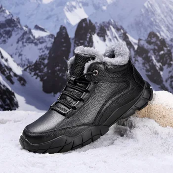 Kış Siyah Erkek Botları Kürk 2022 Sıcak Deri Kar Botları Erkekler Kış İş rahat ayakkabılar Sneakers Yüksek Top Kauçuk yarım çizmeler