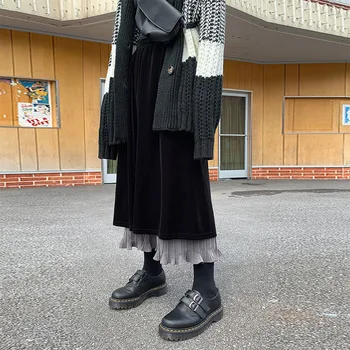 Kış Vintage Kadife Pilili Etekler Kadın Siyah Dikiş Yüksek Bel Uzun Retro Kadife Etek Kore Tarzı Kadın Faldas Saias
