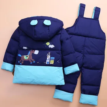 Kış çocuk Snowsuit Erkek Giyim Seti Çocuklar Aşağı Ceket Tulum Kız Bebek Sıcak Parkı kapüşonlu ceket + Pantolon Bebek Palto