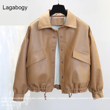 Lagabogy 2021 Yeni Kadın Streetwear Kahverengi Suni Deri Ceket Sonbahar Kış uzun Kollu Kısa Palto Gevşek Sıcak Moto Biker Dış Giyim