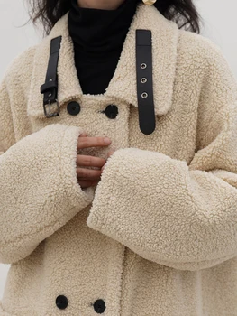 Lautaro Kış Uzun Sıcak Kalın Geri Dönüşümlü Sahte Koyun Derisi Ceket Kadın Cepler Kruvaze Lüks Tasarımcı Avrupa Moda