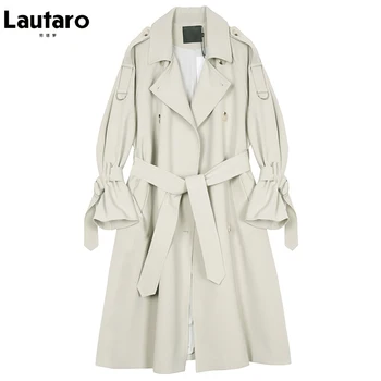 Lautaro Sonbahar Uzun Bej trençkot kadın raglan kollu kruvaze kadın kıyafetleri 2021 kore moda gevşek palto