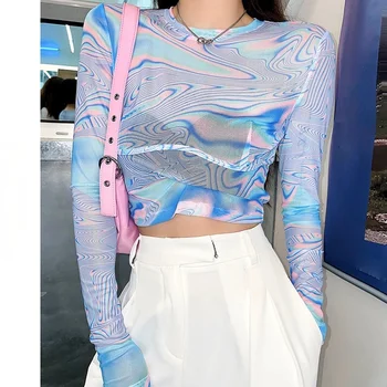 Lazer Renk Kravat Boya Kırpma Üst Kadınlar Gökkuşağı Degrade Uzun Kollu T Shirt Fütüristik E Kız Göz Kamaştırıcı Tee Y2k Estetik Üstleri 2021