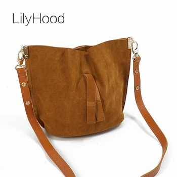LilyHood 2022 Kadınlar Gerçek Deri askılı çanta Casual Vintage Basit Moda Kova Kahverengi Nubuk Süet Kadınsı omuzdan askili çanta