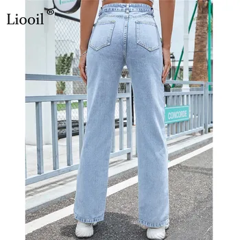 Liooil Yan Yarık Anne Kot Yüksek Bel Yıkanmış Cep Denim Pantolon Baggy Düz Bacak Kot Rahat Streetwear Kadınlar İçin