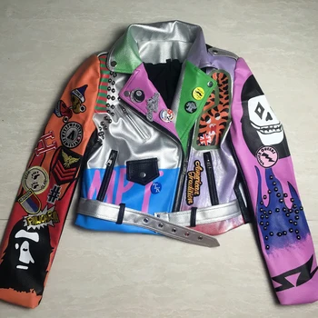 LORDLDS Kırpılmış deri ceketler Kadın Hip hop Renkli Çivili Ceket Yeni Bahar Bayanlar Motosiklet Punk Kırpılmış Ceket kemer ile