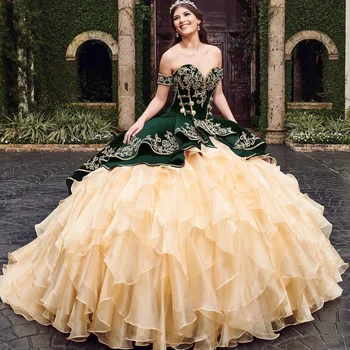 LSYX Kapalı Omuz Topu cüppeli elbiseler Quinceanera 2022 İçin Tül Katmanlı Prenses Vestido De 15 Anos Pembe Tatlı 16 Elbiseler Gala