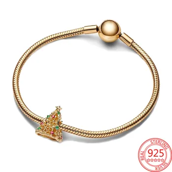 Lüks 925 Gümüş 14K Altın Glitter Noel Ağacı Charm Fit Pandora Bilezik Kadınlar Takı noel hediyesi