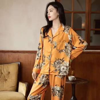 Lüks Altın Çiçek Baskı Tasarım Yüksek Kaliteli kadın Pijama Seti Pijama İpeksi Dokunmatik Kıyafeti Eğlence Gecelik Femme