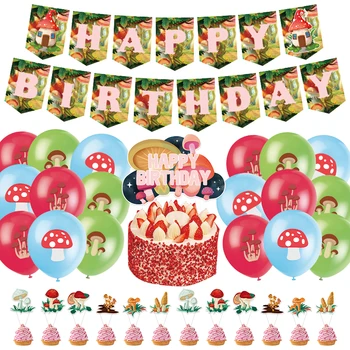 Mantar Temalı Parti Dekorasyon Mutlu Doğum Günü Pastası Topper Balonlar Set Afiş çocuk Doğum Günü Partisi Malzemeleri Bebek Duş