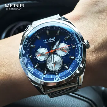 MEGIR Üst Marka erkek Saatler Lüks Mavi Yüz Analog quartz saat Hafta Tarih Moda İş Örgü Kayış Su Geçirmez erkek saati