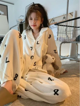 Mektup Pijama Setleri Kadınlar için Uzun Kollu Gevşek Sonbahar Kıyafetler Zarif Rahat Harajuku Kolej Tatlı Gece Pijama Kore Moda