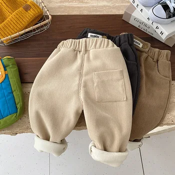 Mengoqq Çocuk Bebek Kız Erkek Moda Kış Elastik Bel Örgü Kadife Artı Kadife Düğmeler Cepler Rahat Pantolon 3M-6Y