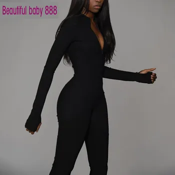 Meqeıss kadın Spor Takım Elbise rahat tulum bodycon spor takım elbise fermuar uzun kollu o-boyun Eşofman siyah ince 2020 ilkbahar yaz