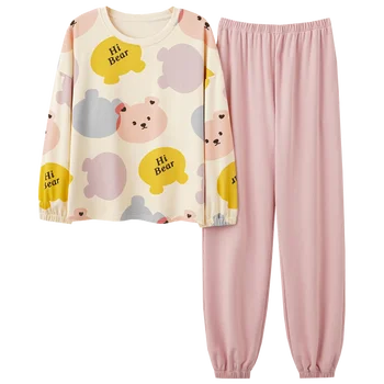 MIIOW Sevimli Baskı Pijama Set Pamuk kadın Ev Tekstili Uzun Kollu ve Pantolon Pijama Setleri Gevşek Rahat Yumuşak Ev Giysileri
