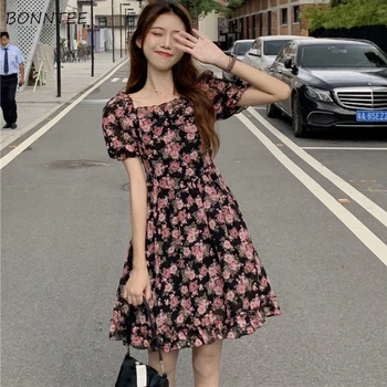 Mini Elbiseler Kadınlar Çiçek Tatil Sundress Yüksek Bel İhale Kore Tarzı Zarif Mizaç Puf Kollu Güzel Yaz Vestido