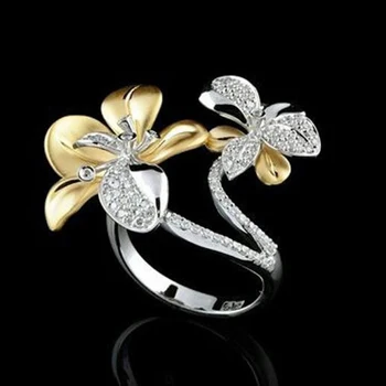 Moda Altın Gümüş Renk Karıştırma Çiçek Nişan Yüzüğü Mikro Açacağı Kristal alyanslar Kadınlar için Benzersiz Takı Anillos Mujer