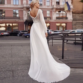 Moda Bohem düğün elbisesi Sweep Tren V Yaka Uzun Kollu Şifon Plaj gelin kıyafeti Artı Boyutu Robe de Mariage