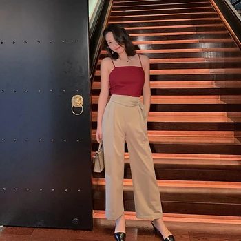 Moda Kadın Düz Pantolon Yüksek Bel Ayak Bileği uzunlukta Pantolon Gevşek Haki Pantolon 2019 Yaz Ofis Bayan Iş Giysisi Pantolon