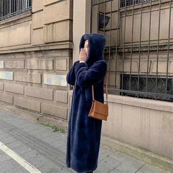 Moda Kış Kalın Sıcak 3 Renk Uzun Yaka Kapşonlu Faux Tavşan Kürk Ceket Kadın Palto Rahat Gevşek Lüks Kürk Ceket Kadın