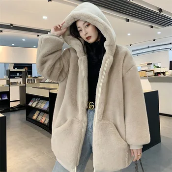 Moda Peluş Ceket Kadın Kış Taklit Rex Tavşan Kürk Çim Gevşek Orta Uzunlukta 2023 Yeni Kapşonlu Kalın Sıcak Kadın Kürk Dış Giyim