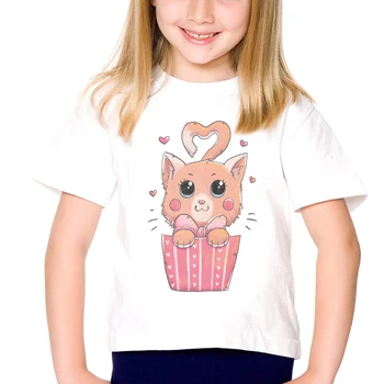 Moda Sevimli Çocuk Giysileri Kedi Bir Kutu Kız Üstleri Komik Kedi Kız Tshirt Karikatür erkek bebek T - Shirt Yuvarlak Boyun Yeni çocuk gömlek