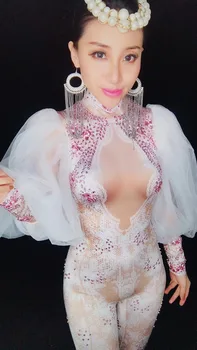 Moda Spandex Dantel Kollu Rhinestones Tulum Seksi kadın Tayt Tek Parça Performans Sahne Kostüm Gece Kulübü Kıyafeti