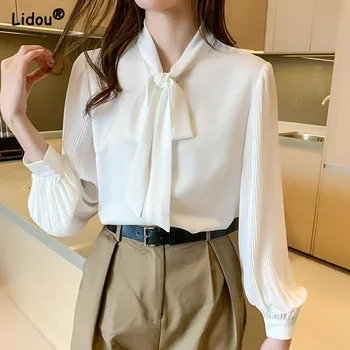 Moda V Yaka Yay Beyaz Uzun Kollu Bluzlar Üst İnce Şifon Casual Gömlek Zarif Düz Bahar Sonbahar kadın giyim 2022