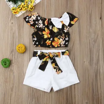 Moda Yaz Bebek Kız Giysileri Setleri Çiçek Off-the-omuz T-shirt Katı Kısa Pantolon Kemer İle 2 adet Kıyafetler 1-5 Yıl
