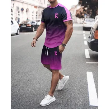 Moda Yaz erkek tişört + Şort 2 parça Set Spor Takım Elbise Rahat Streetwear Yüksek Sokak Plaj Erkek Giysileri Kıyafet
