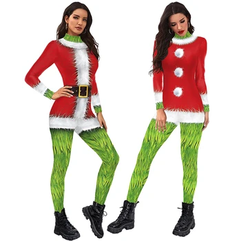 Moda Yeşil Kırmızı Karikatür Tulum Sevimli Cosplay Kostüm Cadılar Bayramı Partisi Bodysuit Zentai Elastik Kıyafet Noel Festivali Romper