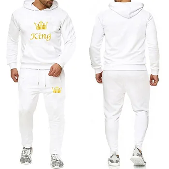 Moda Çift Spor Sonbahar Kış Erkek İpli Kapşonlu Hoodies + uzun pantolon 2 ADET Set Kral Baskı Erkek Giysileri (4 renk)