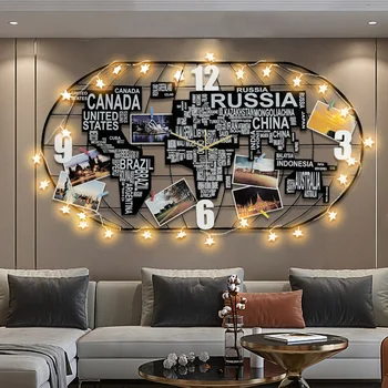 Modern Büyük Metal Dünya Haritası duvar saati LED Işık Aydınlık Duvar Süslemeleri Oturma Odası 3d Akrilik duvar saati s ev Dekoru