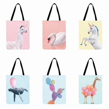 Modern Yaratıcı Poster Taze Hayvan Baskılı Tote Çanta Kadınlar İçin Katlanabilir alışveriş çantası Keten Kumaş Çanta Açık Plaj Çantası Çanta