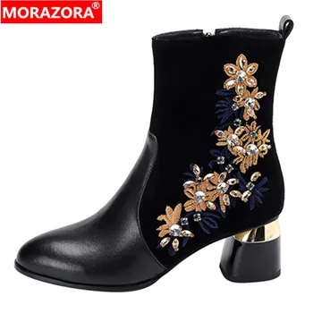 MORAZORA 2023 Yeni Etnik Hakiki Deri Kadın Çizmeler Sonbahar Kış Fermuar yarım çizmeler Bayanlar Oyalamak Kalın Yüksek Topuklu Ayakkabılar
