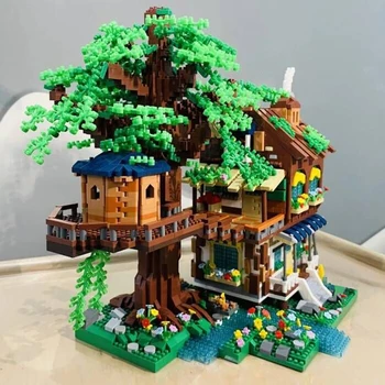 Moyu 9Mimari Ağaç Ev Orman Kabin Villa bahçe salıncağı Mini Elmas Blokları Tuğla Yapı Oyuncak Çocuklar için hiçbir Kutu
