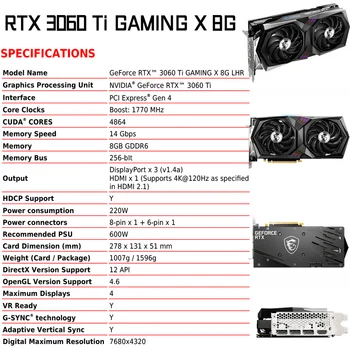 MSI RTX 3060 Tı VENTUS 2X8G OC GDDR6 Kartı 14000MHz RTX 3060Ti Grafik RTX 3060ti GPU 3060ti ekran kartı 256bit 3060Ti grafik