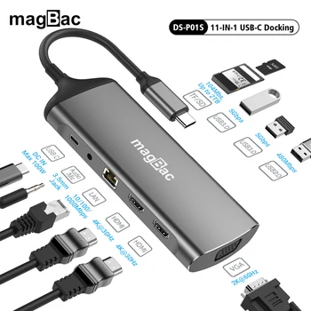 Multiports USB Hub Çift HDMI 4 K Ekran 11-in-1 Tipi C Adaptörü Gigabit Ethernet VGA MİC PD3.0 Hızlı Şarj için Macbook Pro Kazanır