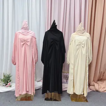 Müslüman Setleri 3 Adet Açık Abaya Dubai Türkiye Abayas Kadınlar için Uzun Kollu Başörtüsü Elbise Eşleşen Takım Elbise İslam Mütevazı Ramazan Kaftan