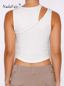 Nadafair Rahat Örme Tank Top Seksi Kırpma Üstleri Cut Out 2023 Kadınlar Temel Mini Camiş yaz kıyafetleri O Boyun Beyaz Mavi Şık Sokak