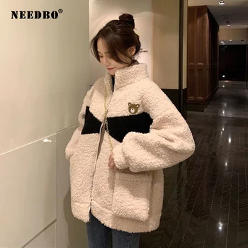 NEEDBO Kadınlar Sıcak Polar Kabarık Kazak Fermuar Kış Kalınlaşmak Casual Kuzu Yün Ceket Oyuncak Palto Kadın Harajuku Ceketler