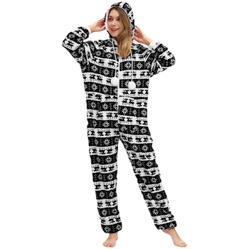 Noel Kapşonlu Onesie Yetişkin Kadın Elk Kar Baskı Parti Tulum Geniş Çizgili Fermuar Hood Pijama Kadın Kış Sıcak Pijama