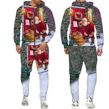 Noel Noel Baba Sonbahar Kış 3D Baskılı erkek eşofman takımı Hoodies pantolon seti Uzun Kollu erkek giyim Takım Elbise