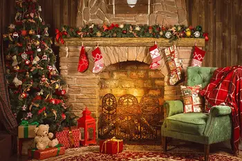 Noel Partisi Zemin Rustik Şömine Çorap Biblo Ağaçları Advent Arka Plan Noel Noel Portre Afiş Süs Dekor Posteri