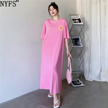 NYFS 2022 Yeni Yaz Kore Pamuk Kadın Elbise Vestidos Robe Elbise Moda Gevşek Ön Arka Baskı Uzun Elbiseler