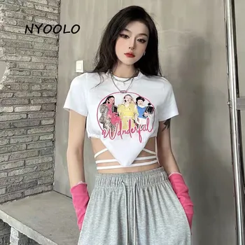 NYOOLO 2022 Yaz Harajuku Streetwear Yüksek Bel Kravat Hollow Out Kısa Kollu Y2K tişört Üst Kadın Giyim Seksi İnce Kız Tees