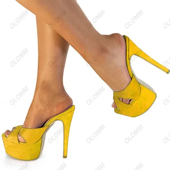 Olomm Kadın Platformu Katır Sandalet Unisex Faux Süet Seksi Stiletto Topuklu Burnu açık Zarif Siyah parti ayakkabıları ABD Artı Boyutu 5-20