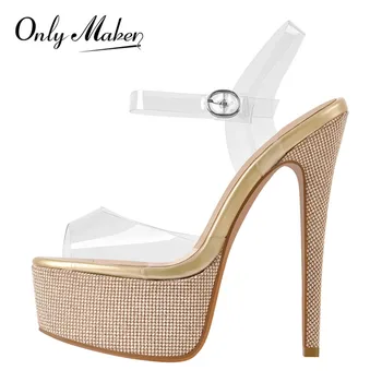 Onlymaker Kadın Platformu Peep Toe Altın Şeffaf PVC Toka Kayış Ayak Bileği Stiletto Yüksek Topuk Parti düğün elbisesi Burnu açık Sandalet