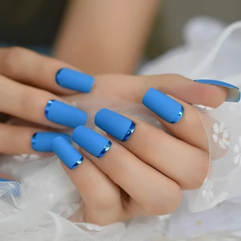 Orta Kare Nail Art İpuçları Mat Plastik Yapay Tırnaklar Mavi Basit Yeni Benzersiz Yanlış Nails Nail Art Tasarım İçin