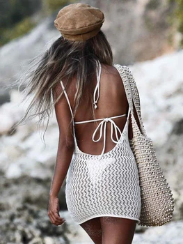 Otoriter Tığ Cover-Up Plaj Mini Elbise Kadınlar Hollow Out Seksi Backless Mayo Mayo 2021 Yaz Yeni Beyaz V Yaka Beachwear